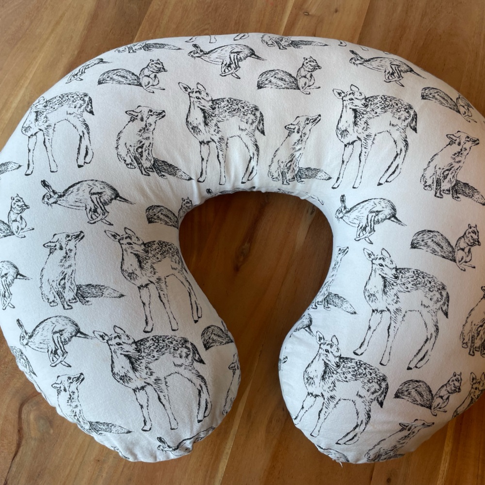 Boppy pillow with cute black bc white animal cover. Nursing pillow and cover.